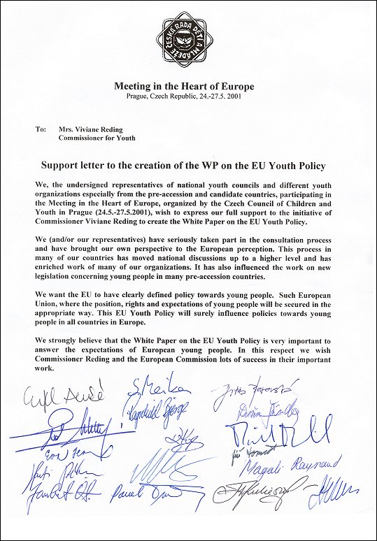 Dopis k podpoe vytvoen Bl knihy EU o mldei